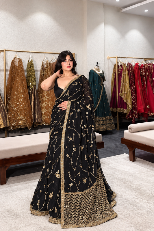 Black Pre-Draped Saree with Heavy Gold Floral Embroidery & Designer Border