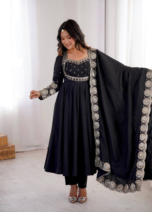 Black Roman Silk Embroidered Anarkali Gown Set with Dupatta