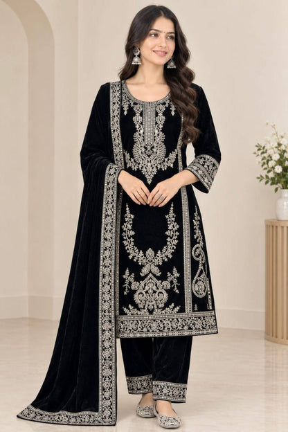 Black Velvet Embroidered Salwar Suit with Sequence Work, Matching Pants & Dupatta