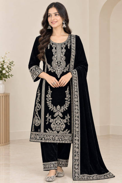 Black Velvet Embroidered Salwar Suit with Sequence Work, Matching Pants & Dupatta