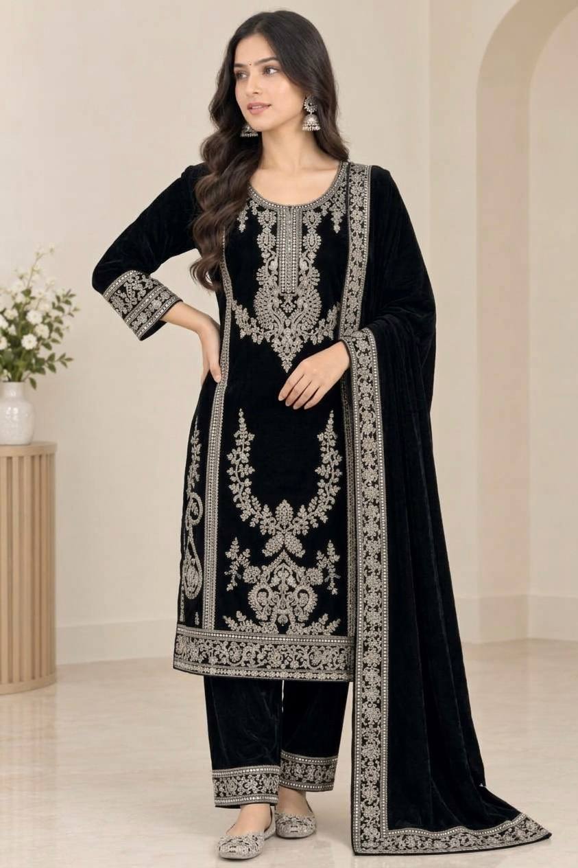 Black Velvet Embroidered Salwar Suit with Sequence Work, Matching Pants & Dupatta