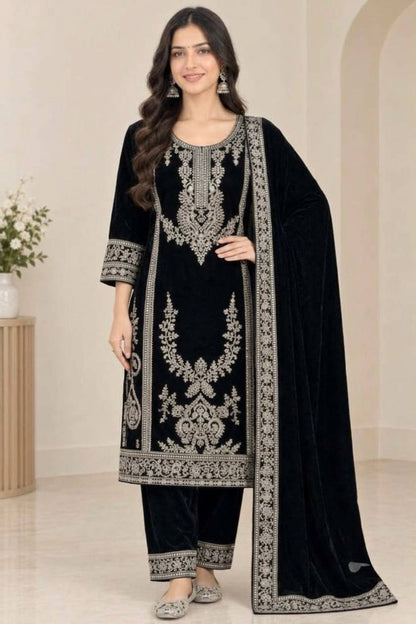 Black Velvet Embroidered Salwar Suit with Sequence Work, Matching Pants & Dupatta