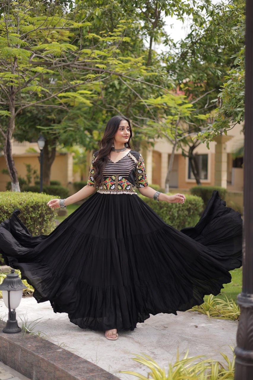 Rust Kutchi Gamthi Thread Embroidered & Mirror Work Rayon Anarkali Gown with Moti Kodi Lace