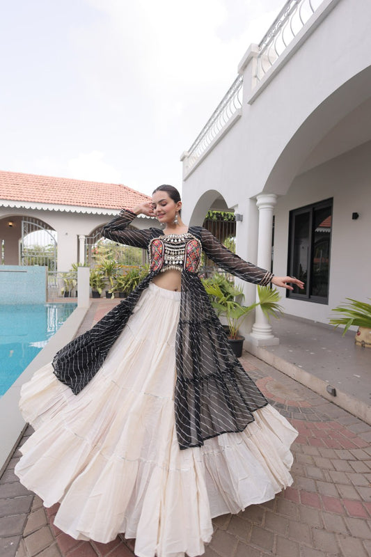 Black Laheriya Georgette Kurti with White Kora Cotton Lehenga Set