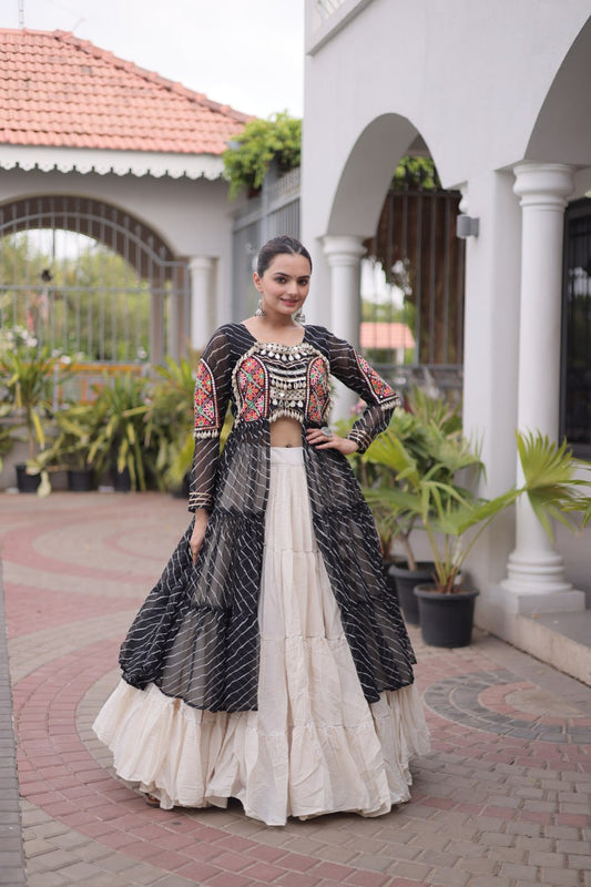 Black Laheriya Georgette Kurti with White Kora Cotton Lehenga Set