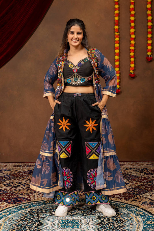 Blue Kaftan Shrug with Gamthi Mirror Work Blouse & Embroidered Jeans