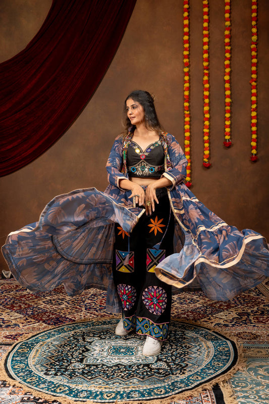 Blue Kaftan Shrug with Gamthi Mirror Work Blouse & Embroidered Jeans