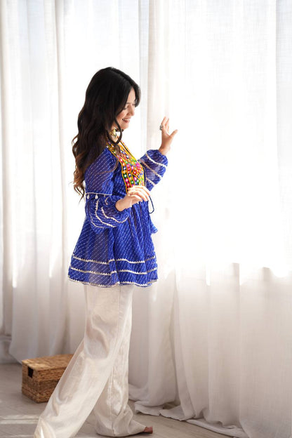 Blue Kediya Style Top with Gamthi Mirror Work
