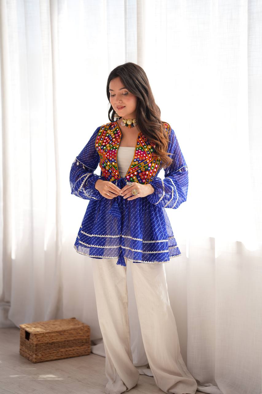 Blue Kediya Style Top with Gamthi Mirror Work