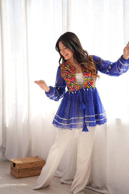 Blue Kediya Style Top with Gamthi Mirror Work