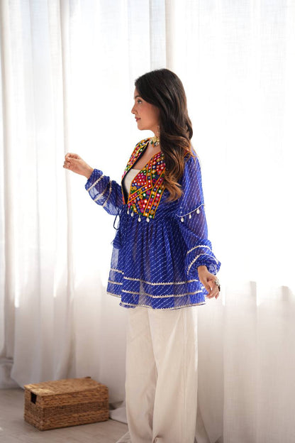 Blue Kediya Style Top with Gamthi Mirror Work