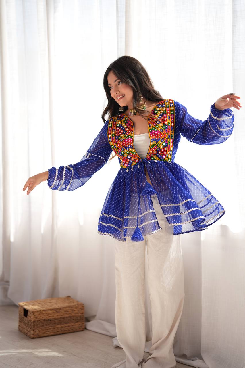 Blue Kediya Style Top with Gamthi Mirror Work
