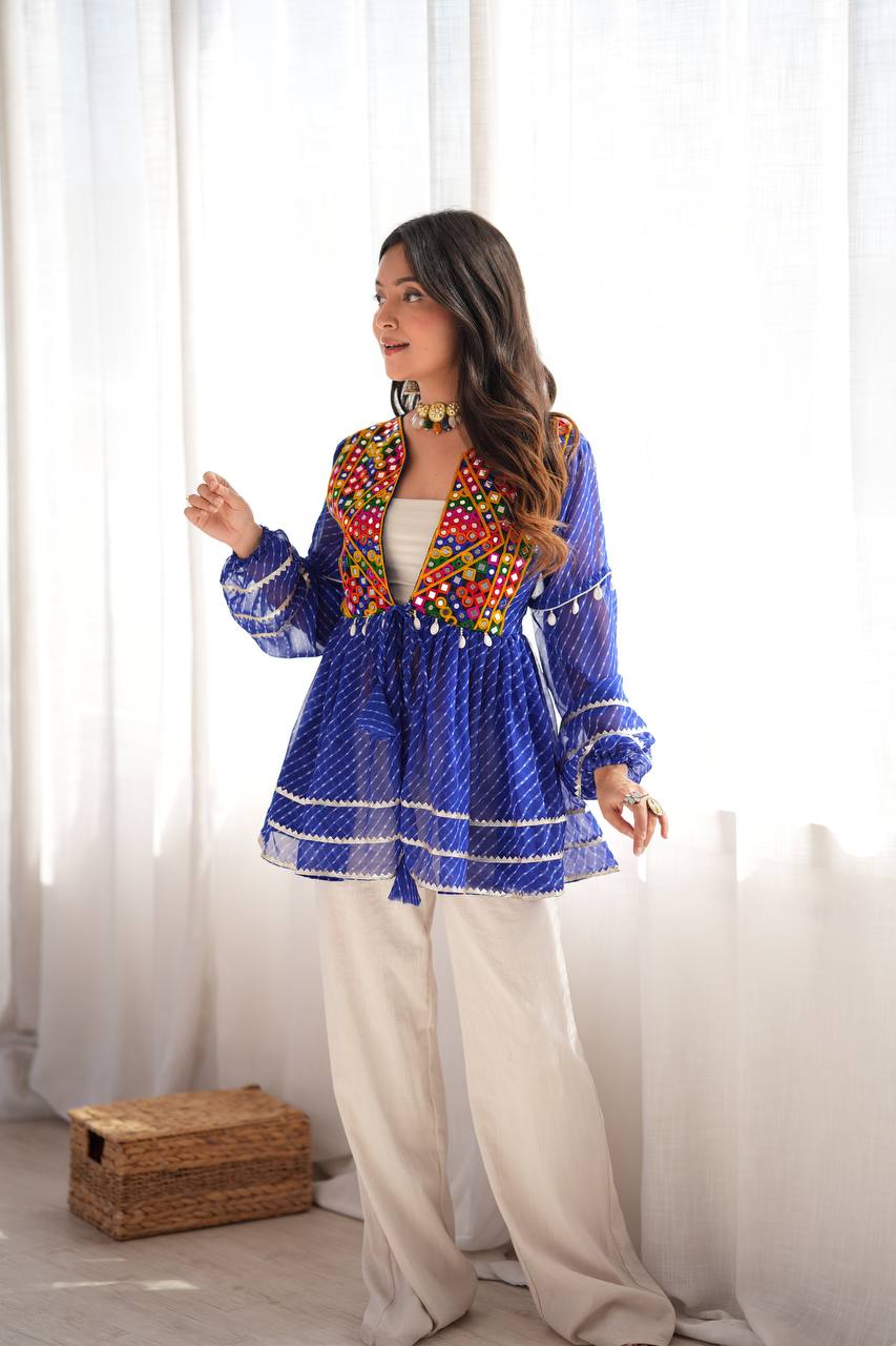 Blue Kediya Style Top with Gamthi Mirror Work