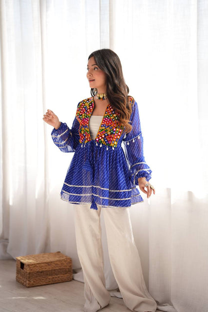 Blue Kediya Style Top with Gamthi Mirror Work