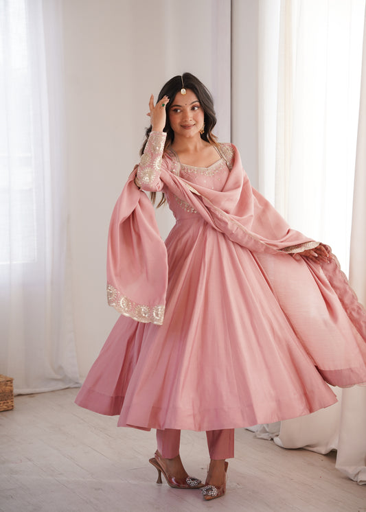 Blush Pink Roman Silk Embroidered Anarkali Gown Set with Dupatta
