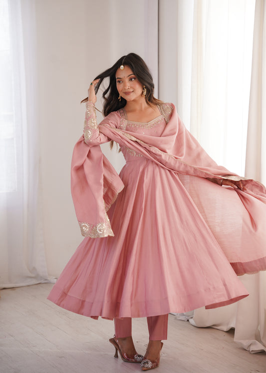 Blush Pink Roman Silk Embroidered Anarkali Gown Set with Dupatta