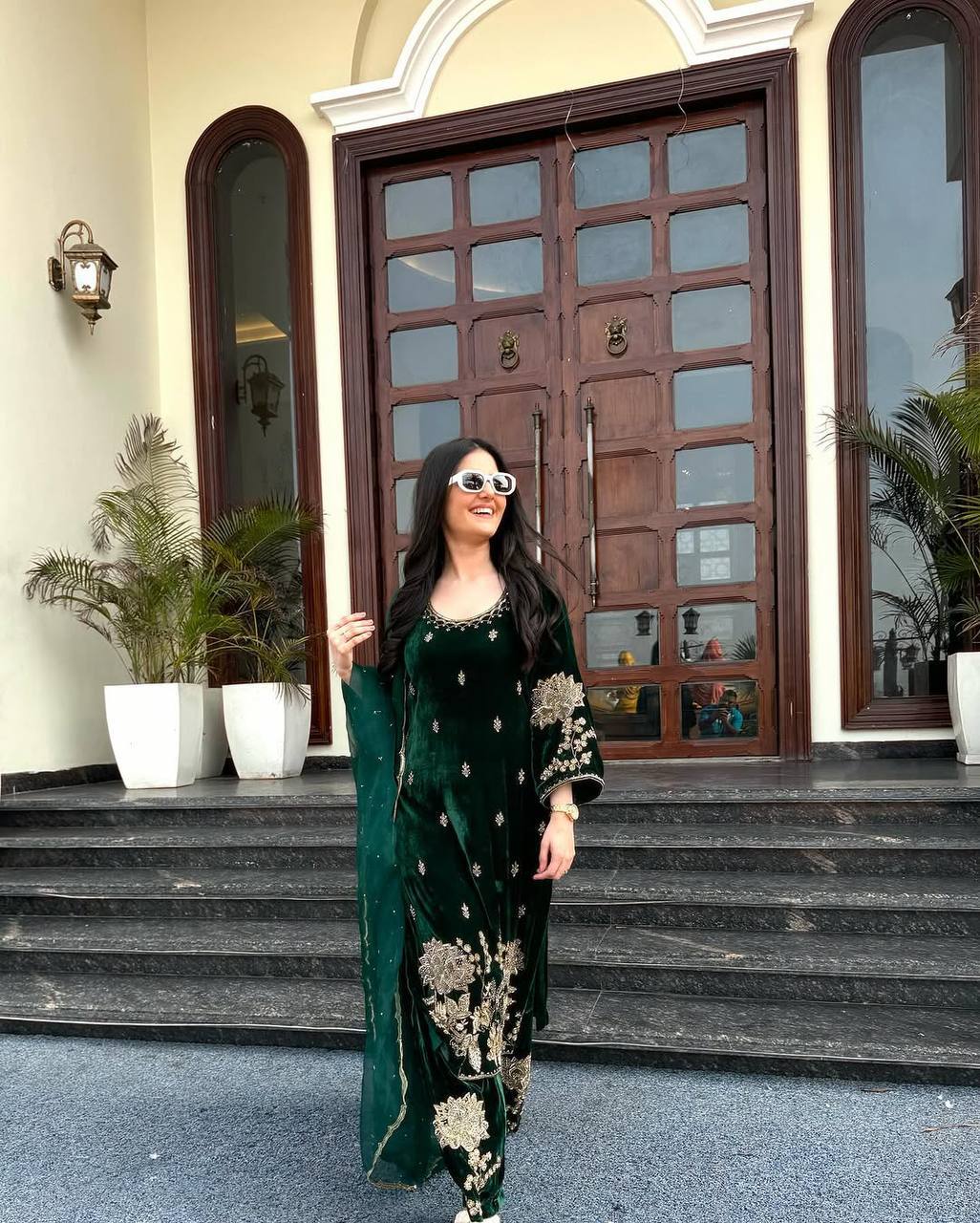 Bottle Green Embroidered Kurta Pant Set with Matching Dupatta