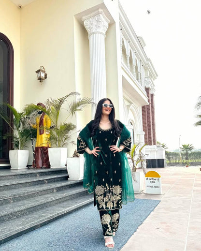 Bottle Green Embroidered Kurta Pant Set with Matching Dupatta