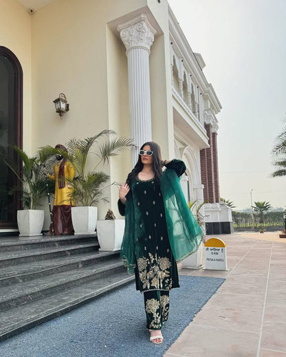 Bottle Green Embroidered Kurta Pant Set with Matching Dupatta