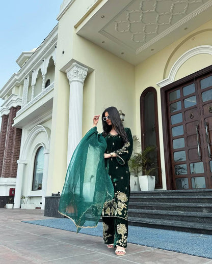 Bottle Green Embroidered Kurta Pant Set with Matching Dupatta