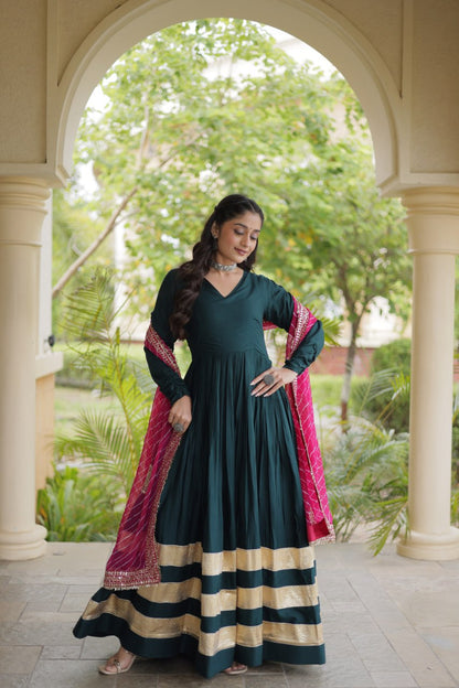 Bottle Green Gota Patti Gown with Leheriya Dupatta