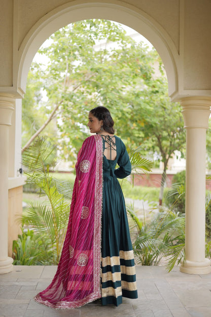 Bottle Green Gota Patti Gown with Leheriya Dupatta