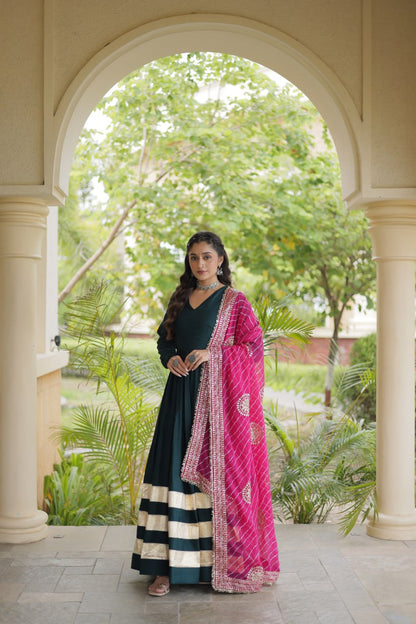 Bottle Green Gota Patti Gown with Leheriya Dupatta