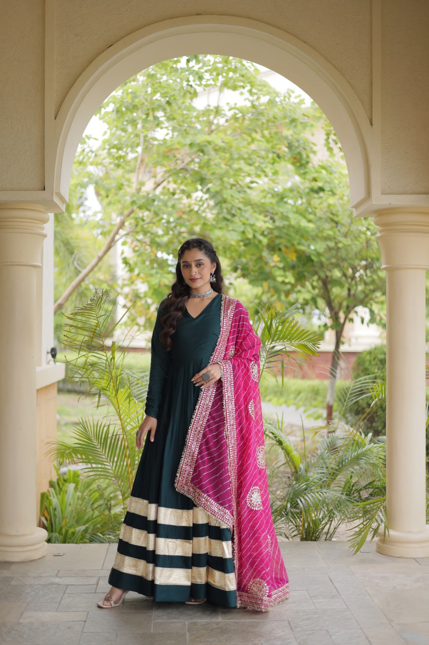 Maroon Rayon Gota Patti Gown with Leheriya Zari Dupatta