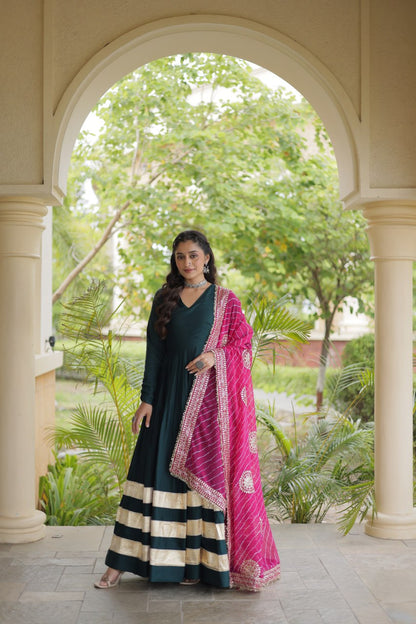 Maroon Rayon Gota Patti Gown with Leheriya Zari Dupatta