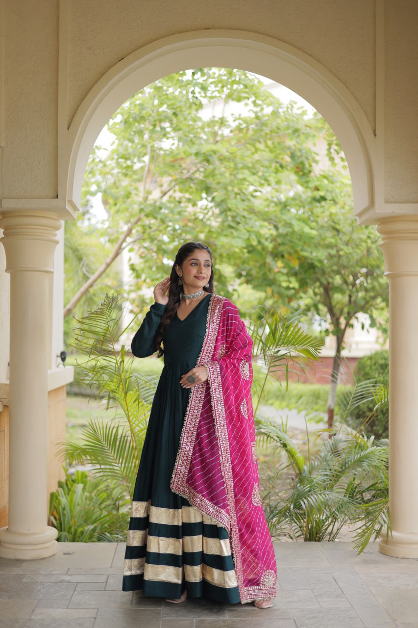 Bottle Green Gota Patti Gown with Leheriya Dupatta