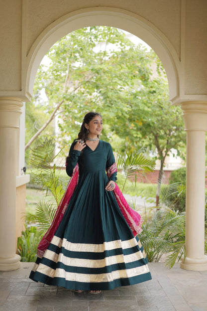 Bottle Green Gota Patti Gown with Leheriya Dupatta