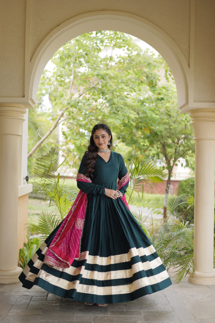 Bottle Green Gota Patti Gown with Leheriya Dupatta