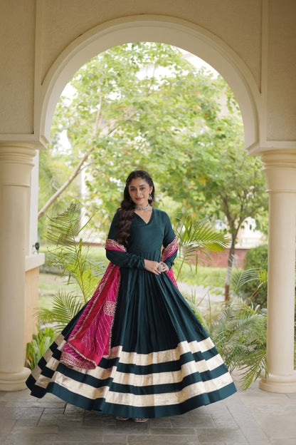 Bottle Green Gota Patti Gown with Leheriya Dupatta