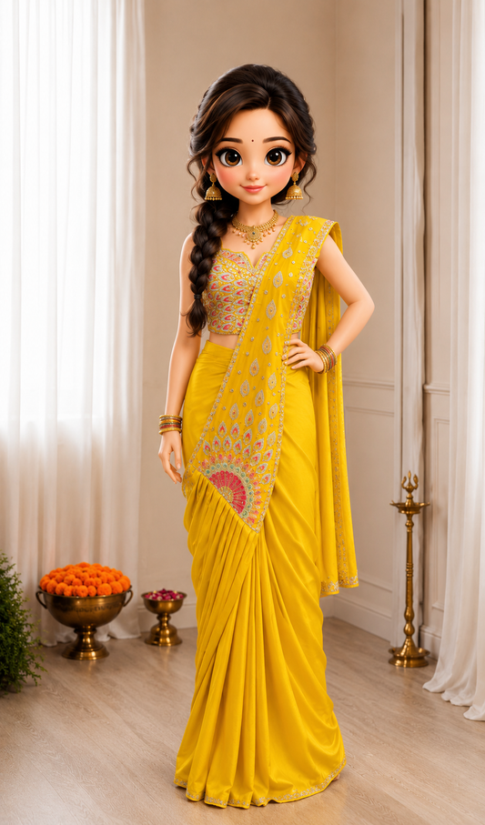 Bright Yellow Pre-Stitched Saree with Multicolor Embroidery & Border