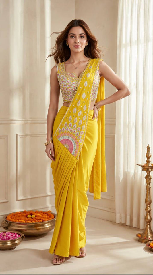 Bright Yellow Pre-Stitched Saree with Multicolor Embroidery & Border