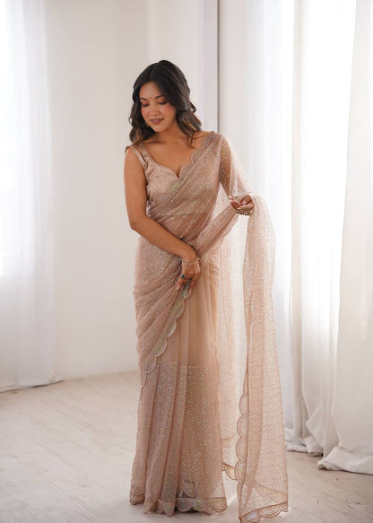 Champagne Beige Shimmer Saree with Scalloped Embroidered Border & Matching Blouse