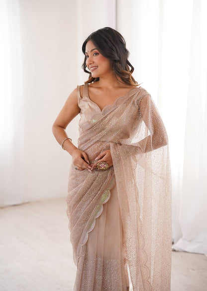 Champagne Beige Shimmer Saree with Scalloped Embroidered Border & Matching Blouse