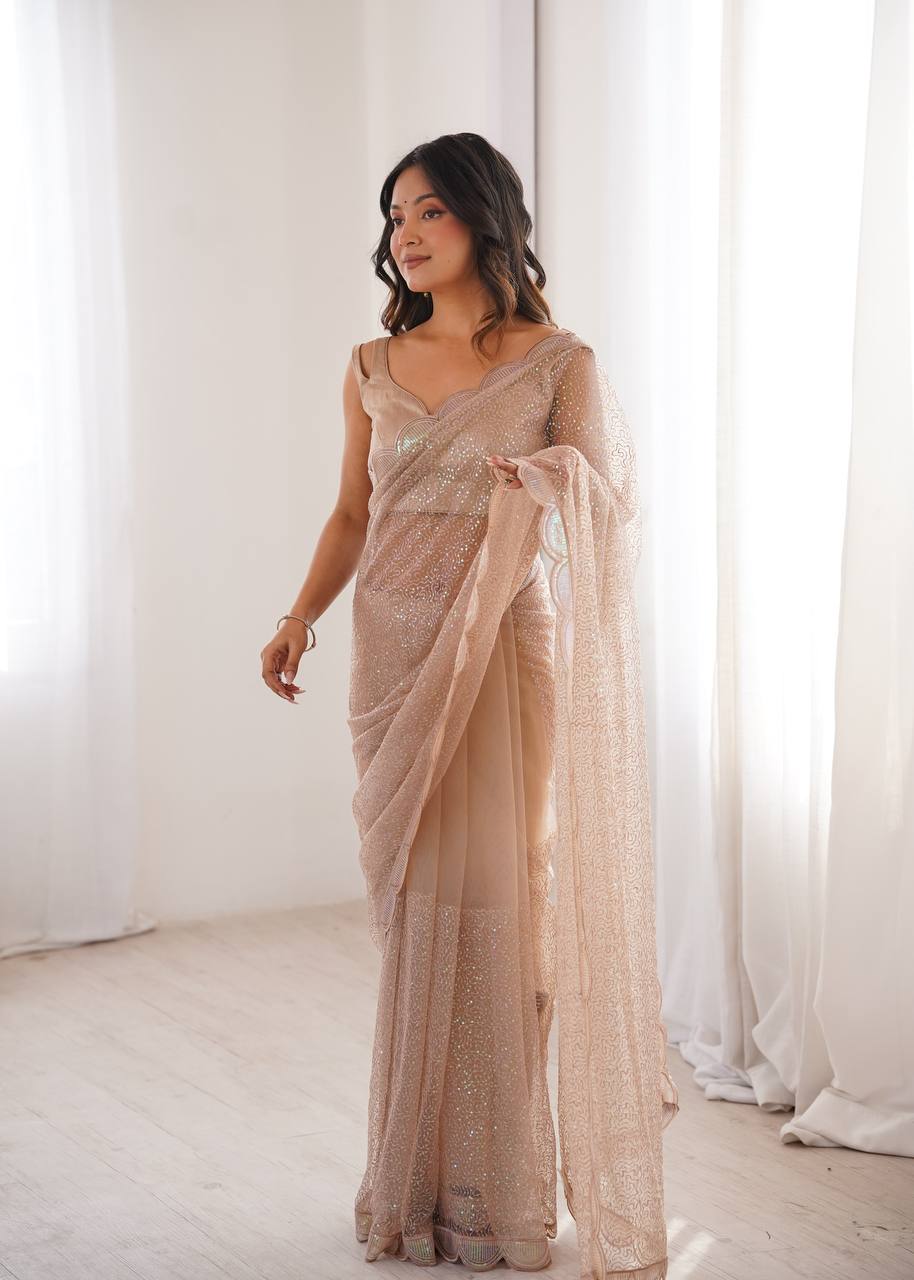 Champagne Beige Shimmer Saree with Scalloped Embroidered Border & Matching Blouse