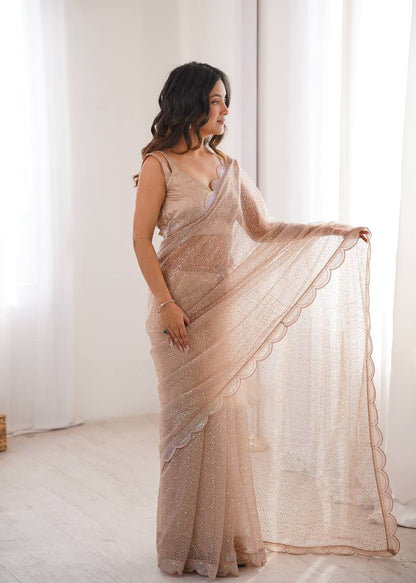 Champagne Beige Shimmer Saree with Scalloped Embroidered Border & Matching Blouse