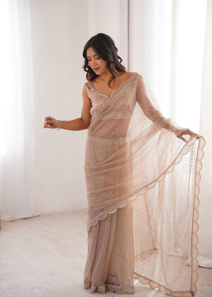 Champagne Beige Shimmer Saree with Scalloped Embroidered Border & Matching Blouse
