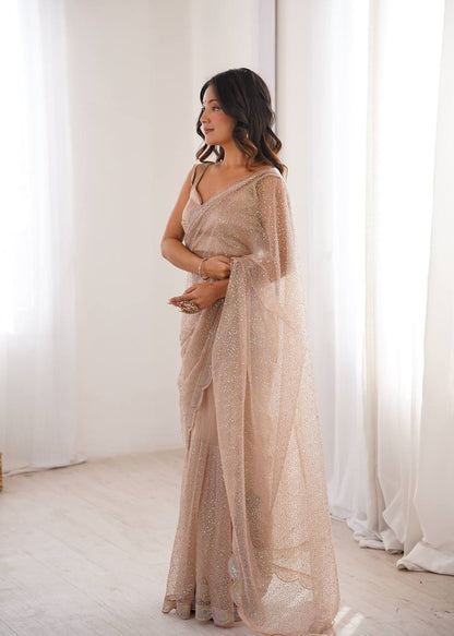Champagne Beige Shimmer Saree with Scalloped Embroidered Border & Matching Blouse