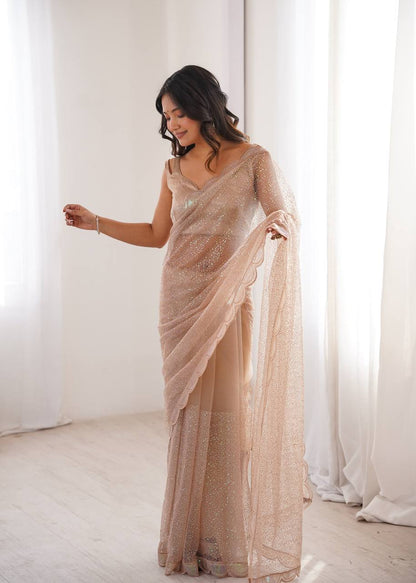 Champagne Beige Shimmer Saree with Scalloped Embroidered Border & Matching Blouse