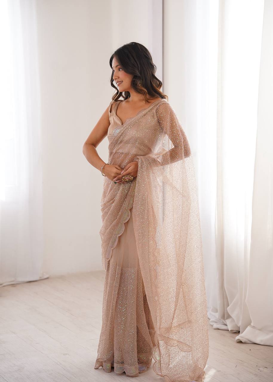 Champagne Beige Shimmer Saree with Scalloped Embroidered Border & Matching Blouse