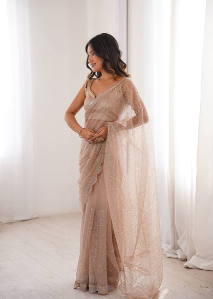 Champagne Beige Shimmer Saree with Scalloped Embroidered Border & Matching Blouse