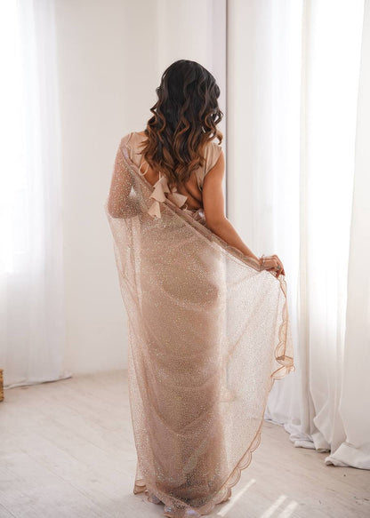 Champagne Beige Shimmer Saree with Scalloped Embroidered Border & Matching Blouse