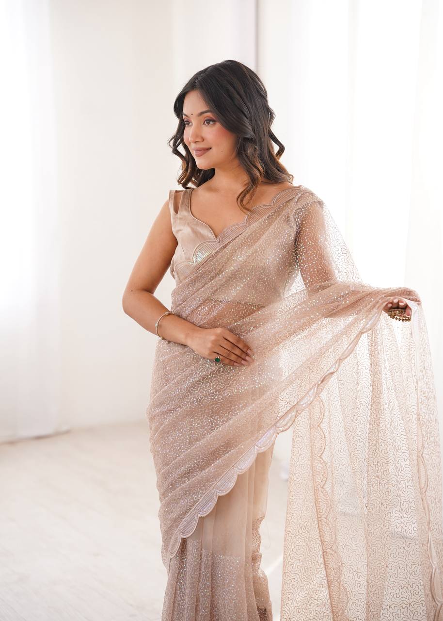 Champagne Beige Shimmer Saree with Scalloped Embroidered Border & Matching Blouse