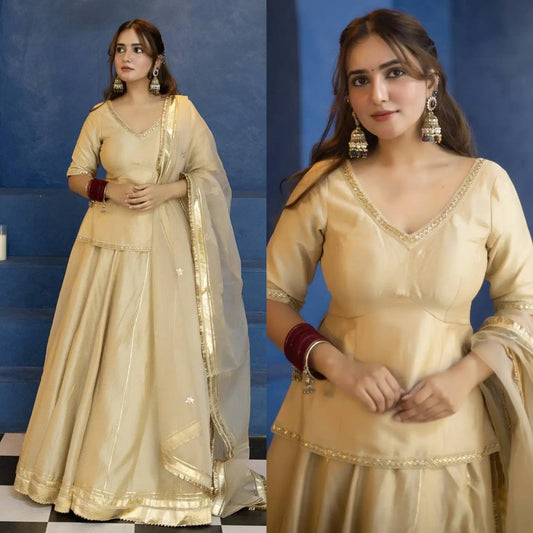 Champagne Beige Vichitra Silk Lehenga Suit with Gotta Patti Border & Organza Dupatta