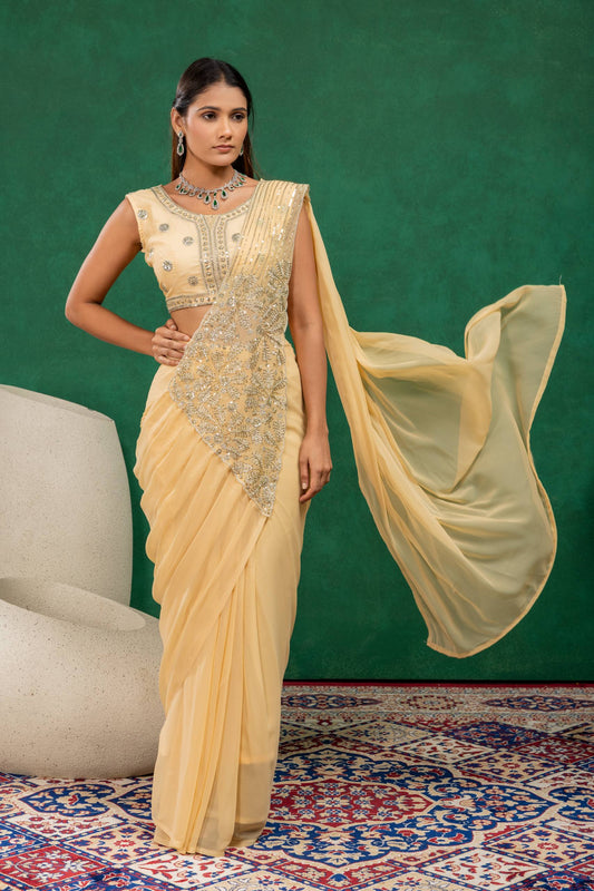 Champagne Pre-Draped Designer Saree with Silver Embroidery & Sequins Jacket