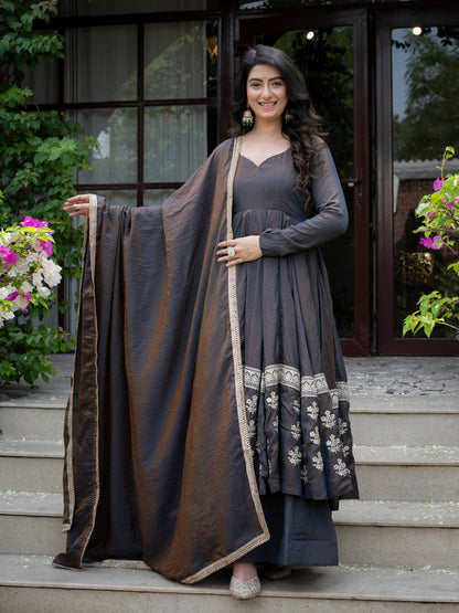 Charcoal Grey Anarkali Gown with Silver Floral Embroidered Border & Dupatta