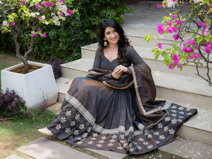 Charcoal Grey Anarkali Gown with Silver Floral Embroidered Border & Dupatta